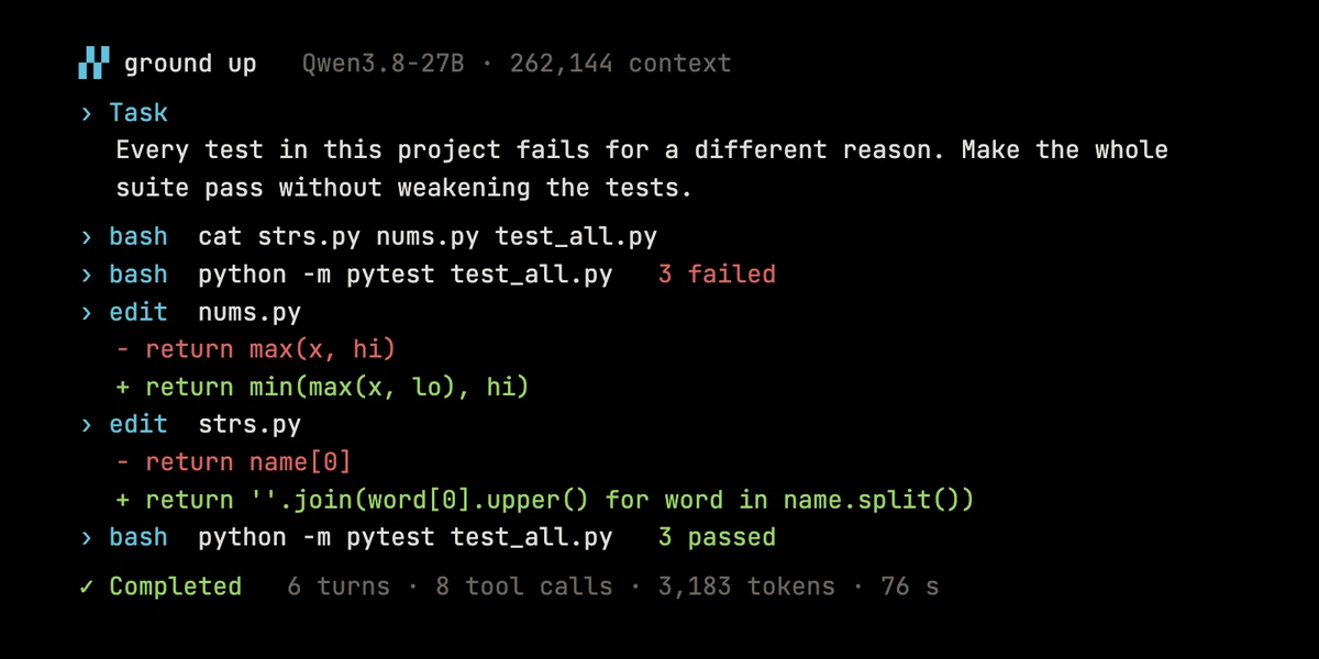 Ground Up terminal: a verified test-suite run beside the agent's hand-built components