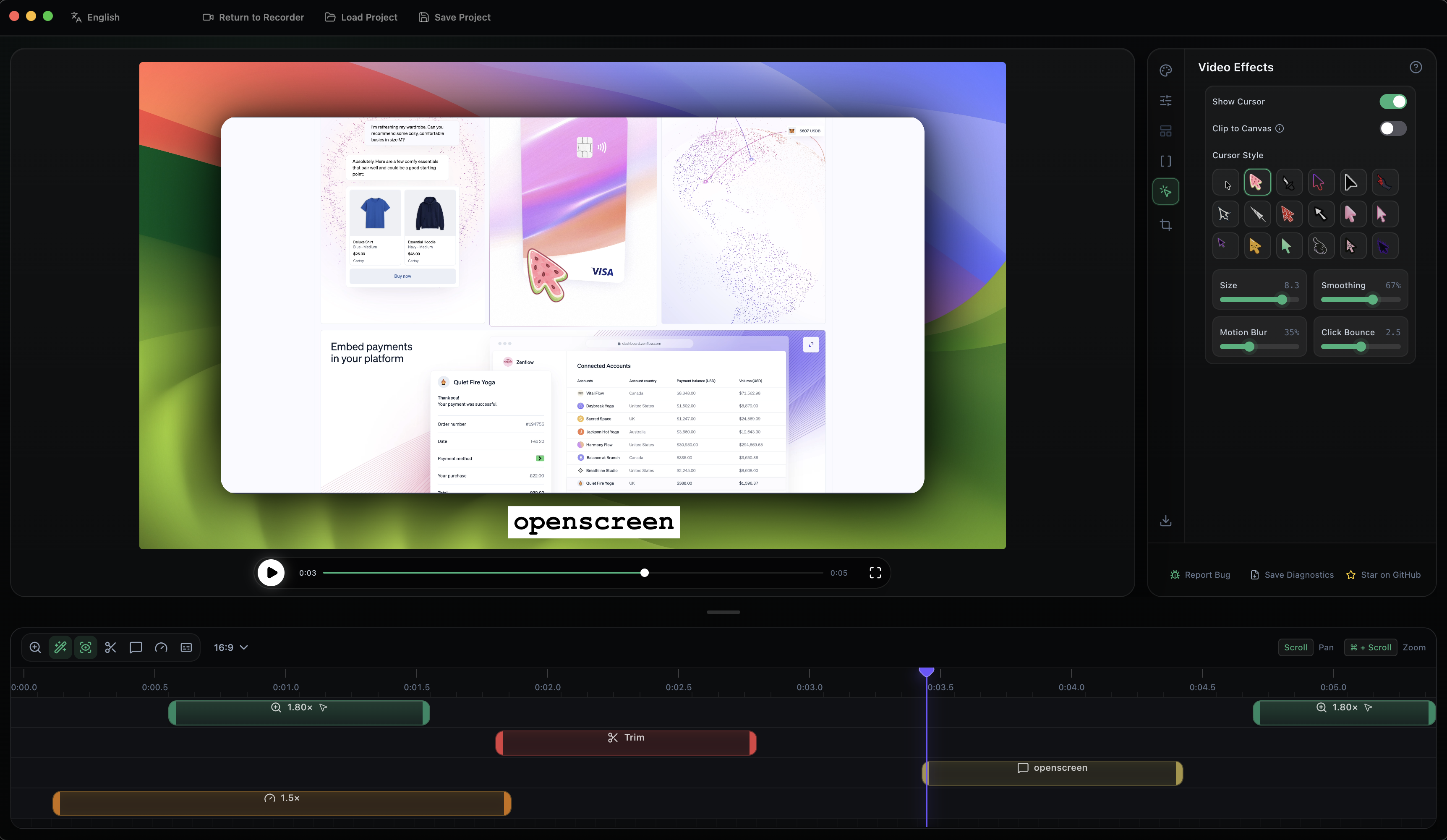 OpenScreen editor with video effects and timeline controls