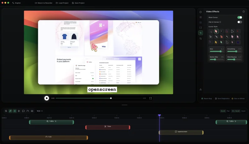 OpenScreen editor with video effects and timeline controls
